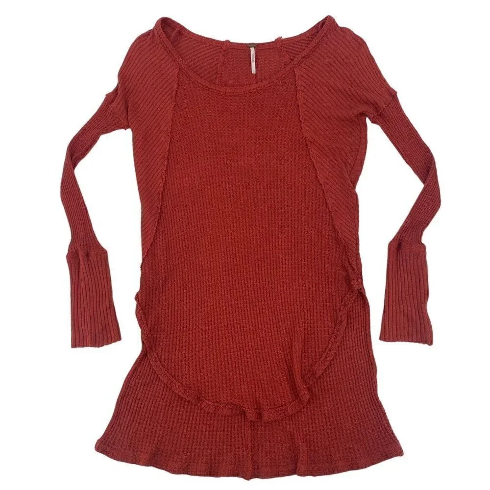 Free People XS Waffle Knit High Low Hem Top Long Sleeve Rust Fringe Rayon